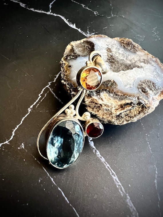 Sterling Silver Pendant with Citrine, Ruby & Topaz
