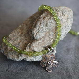 Fine Silver Flower Pendant on Peridot, August Birthstone