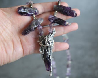 Amethyst and Fine Silver Cholla Skeleton Necklace
