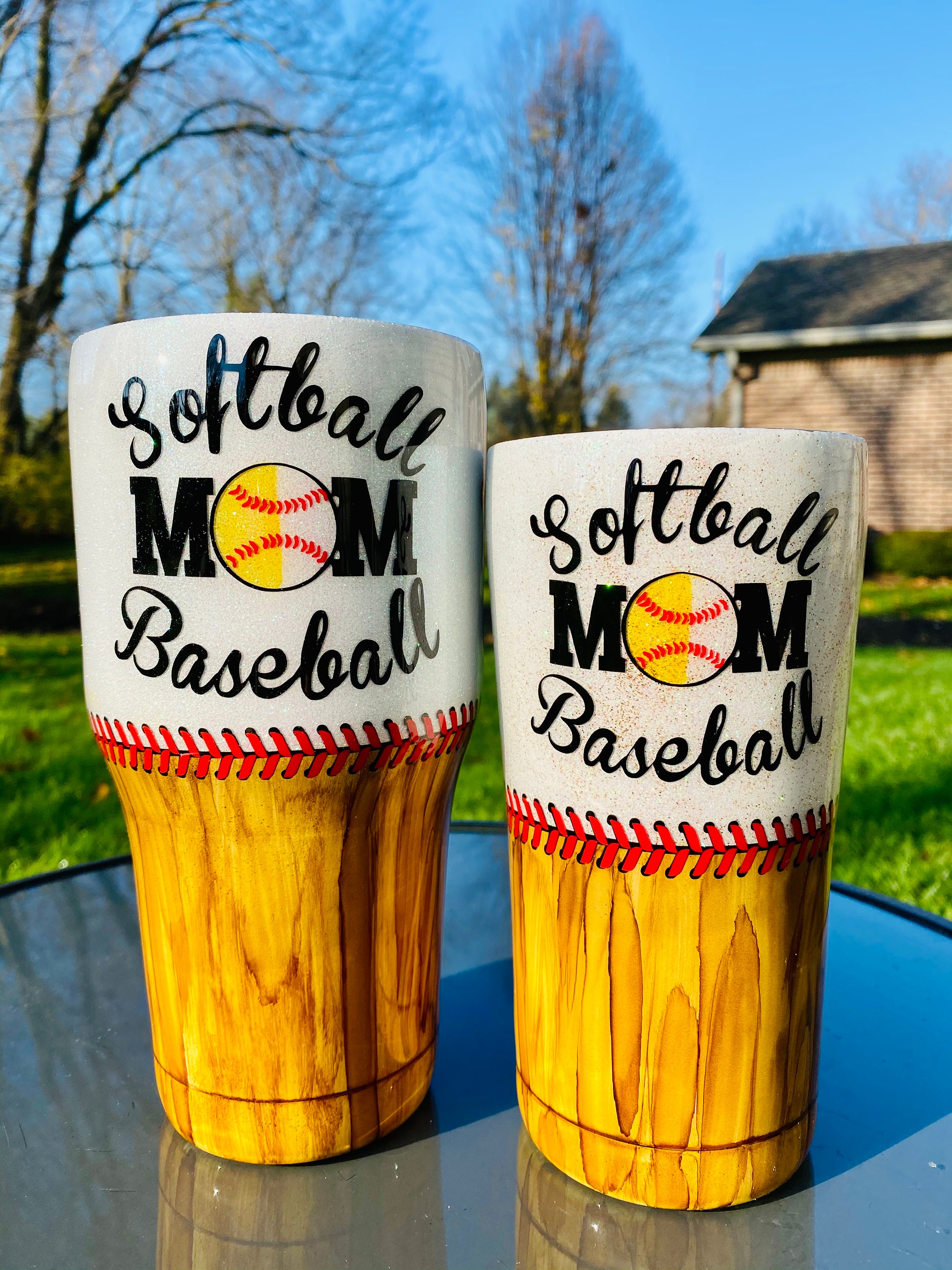 Personalized Softball/Baseball Mom Glitter Tumbler with wood | Etsy