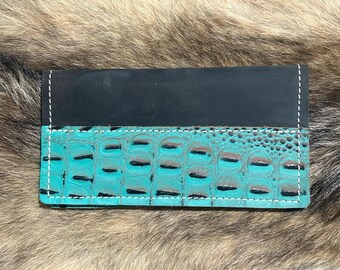 Handmade Leather Checkbook Cover: Black with Turquoise Gator Embossed Print