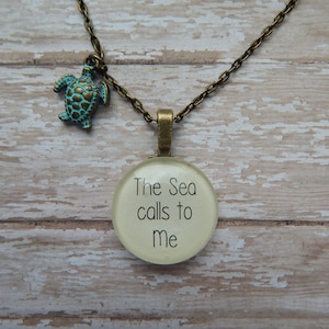 The Sea Calls to Me Glass Pendant/Necklace with Sea Turtle Charm/Beach/Ocean/Summer