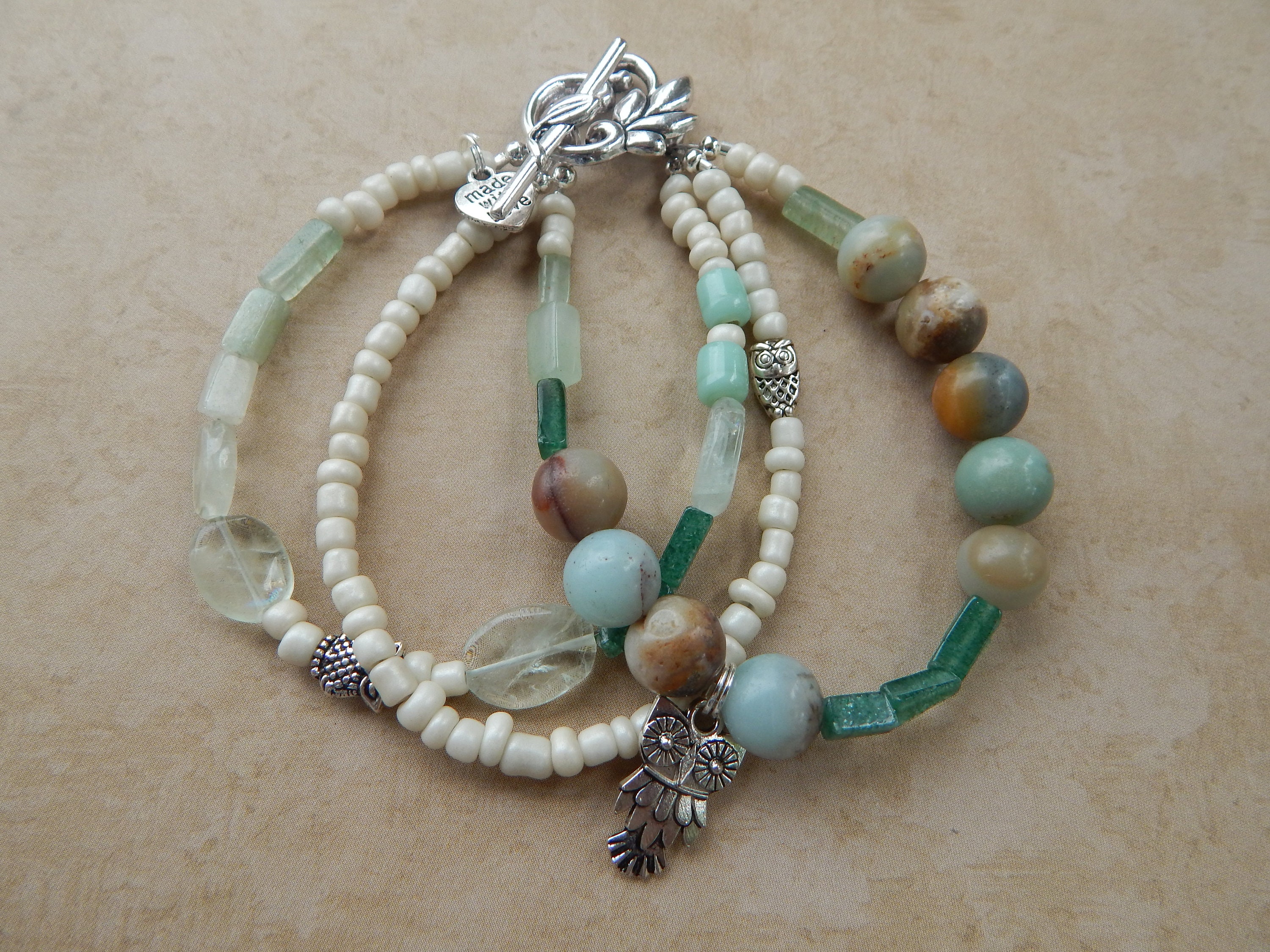 Owl charm one of a kind beautiful beaded bracelet