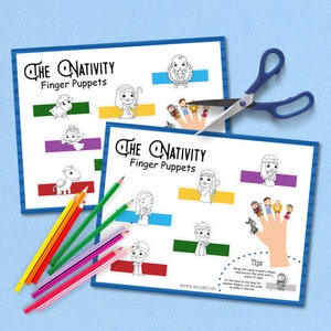 Może przedstawiać: Drukowane czarno-białe palczaki z postaciami z historii Bożego Narodzenia. Lalkami można manipulować palcami. Arkusz do wydrukowania zawiera instrukcje, jak zrobić palczaki.