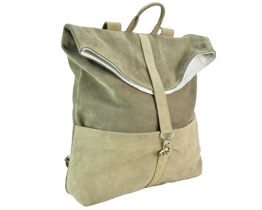 Leather Backpack Laptop Backpack for Men Women Green Roll Top