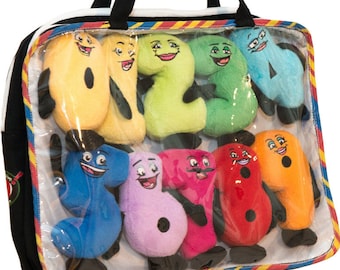 Award-winning soft plush numbers 0-9 with magnets. Extra surprises and lesson ideas with the backpack (65 dollars).