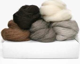 Natural needle felting wool bundle undyed - 125g British felting wool - Animal shades felting wool - Coarse felting wool