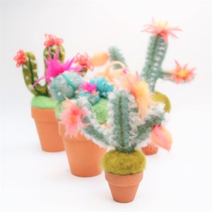 May include: A group of handmade felt cactus plants in terracotta pots. The cacti are in shades of green, teal, and white, with pink, orange, and yellow flower accents and fluffy details. The plants are set against a white backdrop.