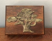 Trinket Box Jewelry Storage Wooden Brass Boho Decor Art Vintage Oak Tree Lover Gift for Her 70s Wood Decor 1970s