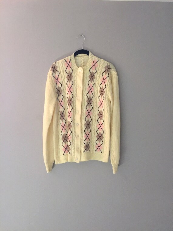 Womens Argyle Sweater Cardigan Long Yellow