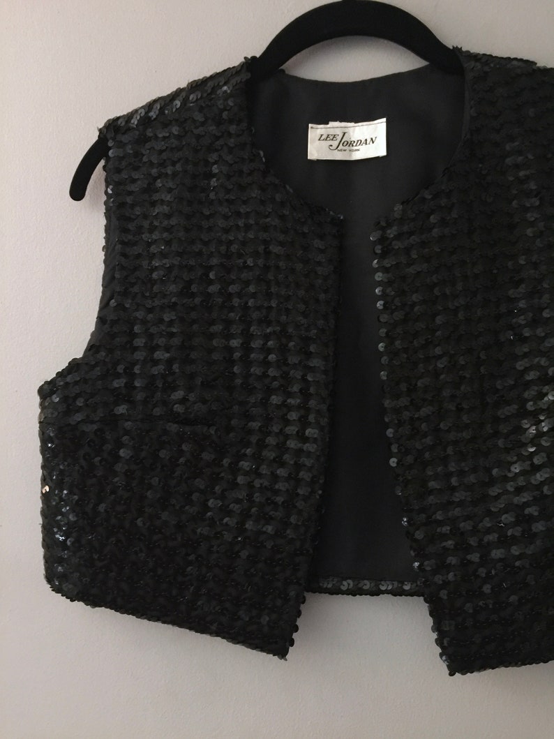 1960s Vintage Sequin Top Cropped Sleeveless Black Vest Medium Formal Wear