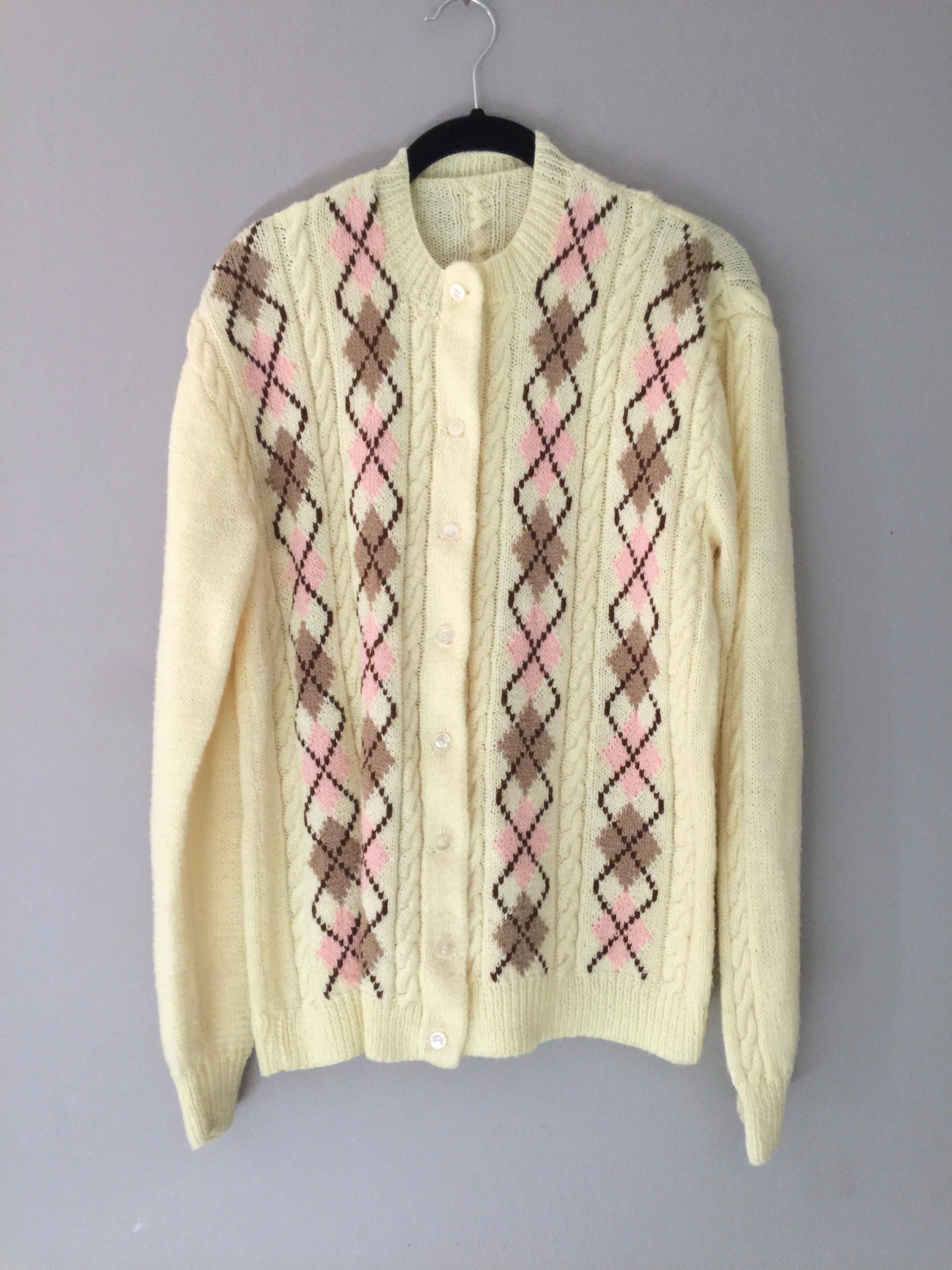 Womens Argyle Sweater Cardigan Long Yellow | Etsy