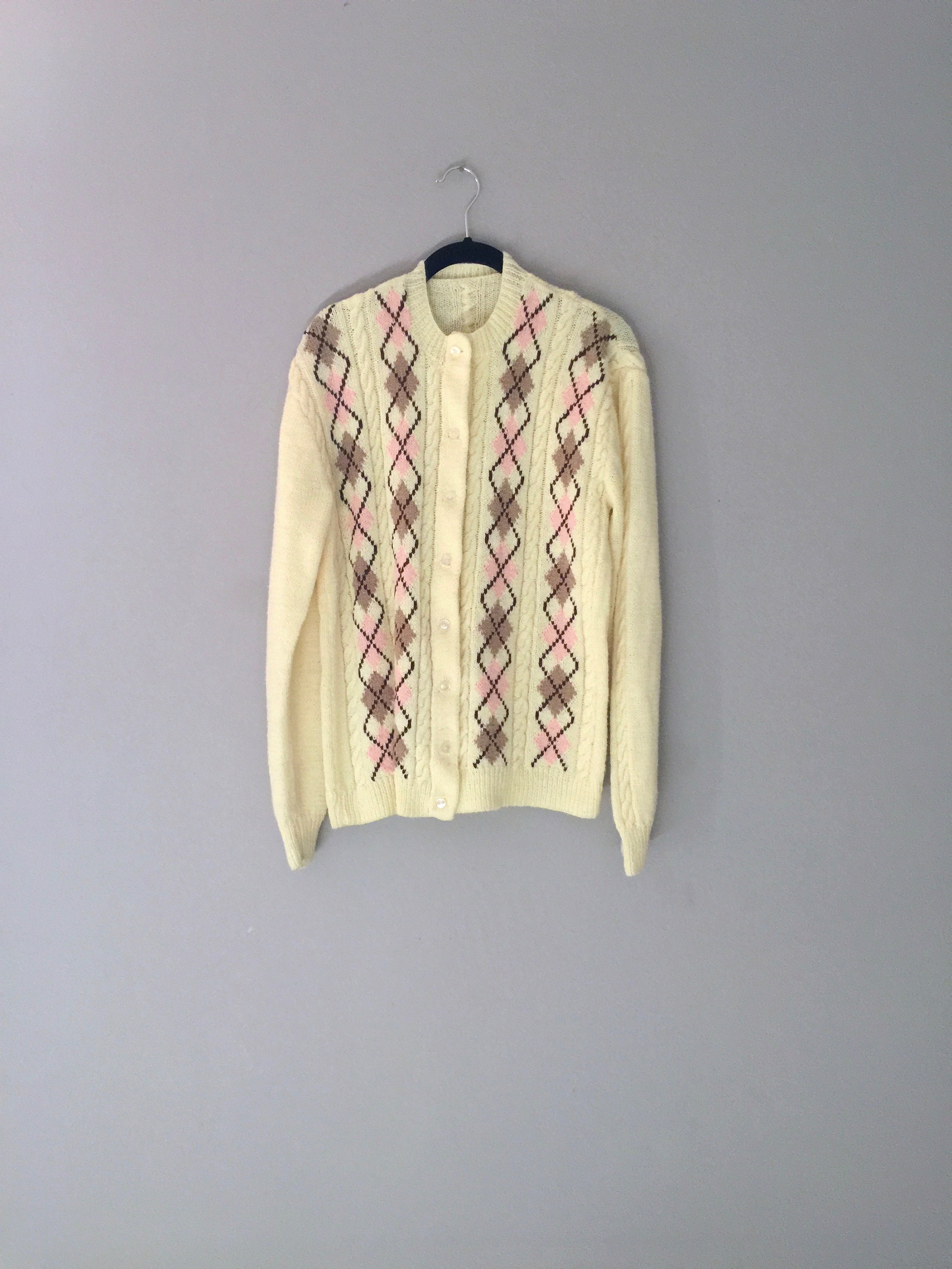 Womens Argyle Sweater Cardigan Long Yellow | Etsy