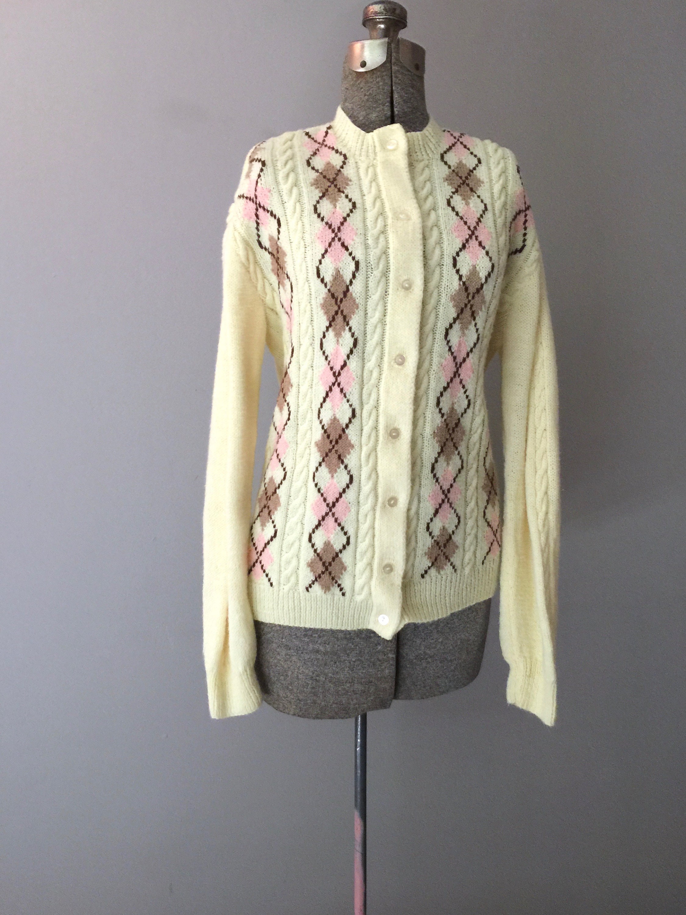 Womens Argyle Sweater Cardigan Long Yellow | Etsy