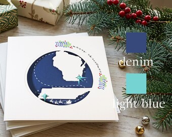Denim Long Distance Christmas Card with Stars, Custom State to State Design