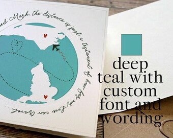 Deep Teal Long Distance Relationship Card, Custom State to State, Handmade Anniversary