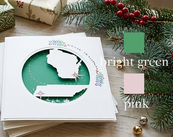 Bright Green Long Distance Christmas Card with Stars, Custom State to State Design