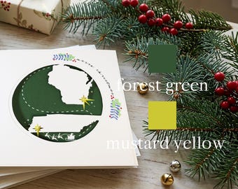Forest Green Long Distance Christmas Card with Stars, Custom State to State Design