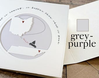 Purple-Grey Long Distance Relationship Card, Custom State to State, Handmade Anniversary