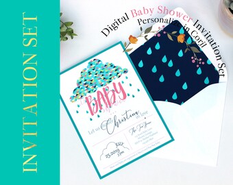 Rain Baby Sprinkle Gender Neutral Baby Shower Invitation Set, Game, Thank you cards, DIY Envelope Liner, Digital Option