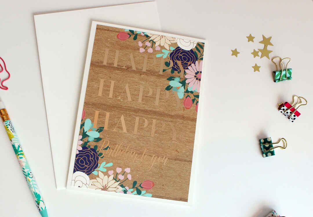 Modern Gold Foil Happy Birthday With Wood Background and Floral Bouquet ...