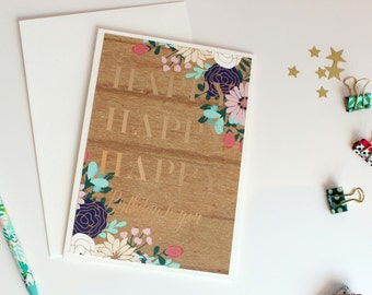 Modern Gold Foil Happy Birthday with Wood Background and Floral Bouquet; Ships Today