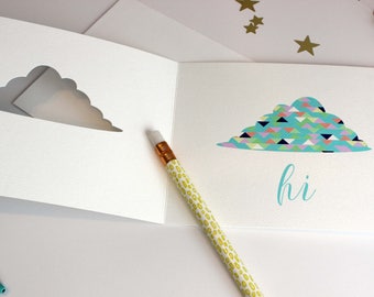 Modern and Whimsical Cloud Gift Card Set of 4 with "Hi" Inside, Gift Packaged, Ships Today