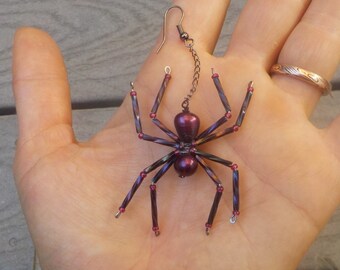 Burgundy Spider Earrings Beaded Spider Halloween Witch Goth Jewelry Creepy Crawly Deep berry pearl spiders-Black Cherry