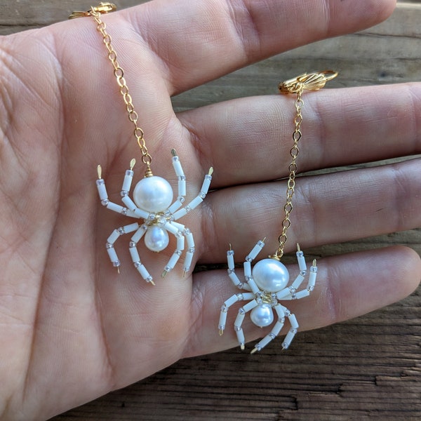 Ivory Pearl and Gold Tiny Spider Earrings Cream Beaded Spiders Halloween Wedding Witch Goth Bridal Jewelry White Spiders Oddity - Beauty