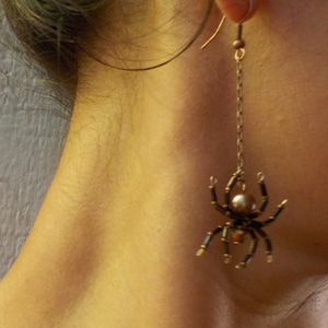 Tiny Brown Recluse Spider Earrings Beaded Spider Halloween Witch Goth Jewelry Creepy Crawly  Brown Glass Pearl spiders