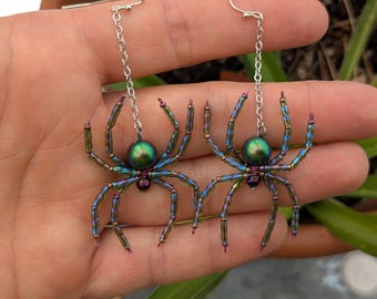Olive Green Beaded Spider Earrings Rainbow and metallic Berry accents : Witch Goth Jewelry- Swarovski Pearls - Party Girl-Glam Goth- Scarab