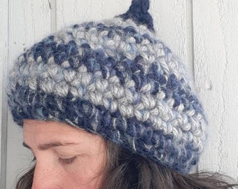 Elf hat Beanie Crocheted Winter Hat OOAK Top Hat. Gray and Navy Striped hat. Upcycled yarn Thrifted Yarn-Bespoke Cozy Gnome hat