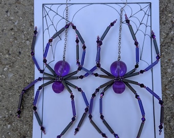Large  Purple Vintage Beaded Spider Earrings: Halloween Goth Oddity Jewelry-Small batch- XL - Prince