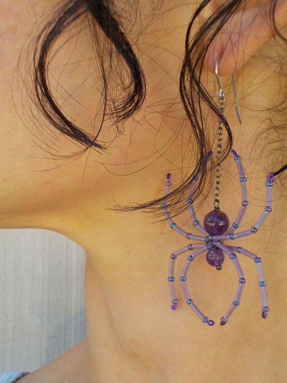 Amethyst Spider gemstone bug halloween creepy crawly necklace earrings set magic witch healing crystal handmade purple niobium hypo