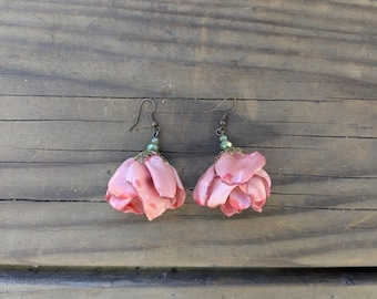 Soft Pink Fabric Flower Earrings Fuchsia flower tango flamenco bellydance Fairy Earrings Hand made unique flower earrings