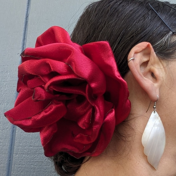 BrightRed Flower GIANT Hair clip - Wedding  - Flamenco flower - Tango Flower - Dress-up, crepe back satin- day of the dead - Coco