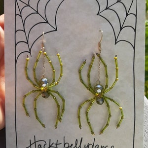 Chartreuse Green Spider Earrings Beaded Spider Halloween  Green-Witch Goth Jewelry Creepy Crawly Beautiful spiders- Endora