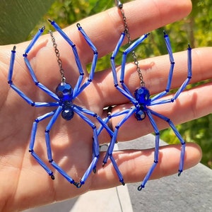 Large Colbalt Blue Spider Earrings Beaded Spider Halloween Witch Goth Jewelry Creepy Crawly Pegan jewelry- Big Blue