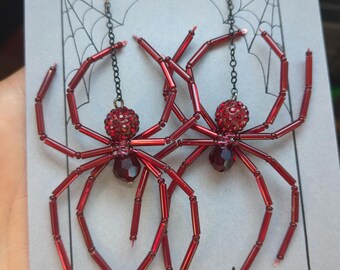 Blood Red Spider Earrings- Red-Beaded Spider -Pavé Beads-Halloween Witch- Goth -  Oddity- Creepy Crawly - Elvira jewelry - Red Riding Hood