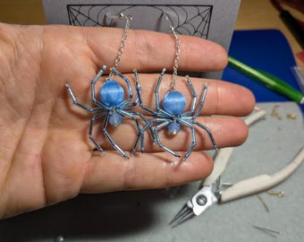 Sky Blue Spider Earrings: Beaded Widow, Halloween Goth Jewelry
