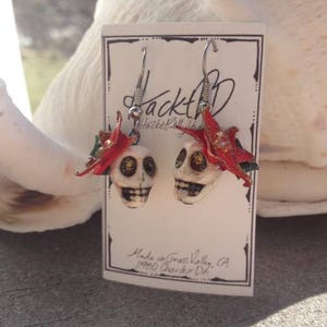 Christmas Skull Earrings Poinsettia Dia De Los Muertos Skull  oddity earrings hand crafted flowers up-cycled halloween - goth Christmas gold