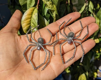 Large Beaded Spider Earrings: Grey Cultured Pearl - Halloween Goth Jewelry
