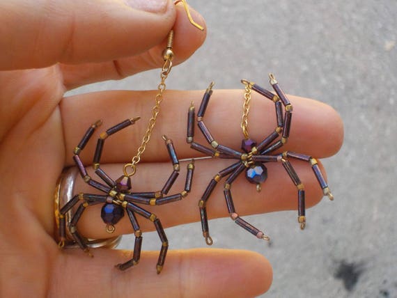 Amethyst Spider gemstone bug halloween creepy crawly necklace earrings set magic witch healing crystal handmade purple niobium hypo
