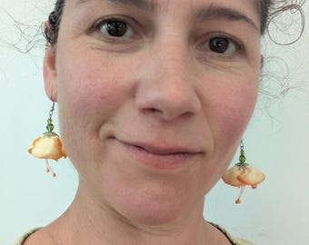 Yellow Fabric Flower Earrings Fuchsia flower tango flamenco bellydance Fairy Earrings Hand made unique flower earrings