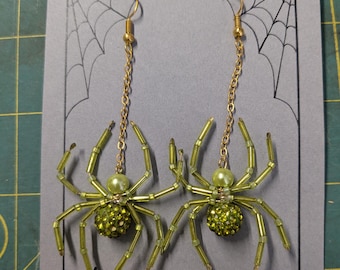 Chartreuse Beaded Spider Earrings: Peridot Green Witch Goth Jewelry- Pave beaded- Party Girl-Glam Spider-Goth- Fiona August