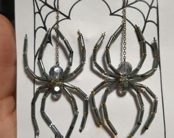 Beaded Spider Earrings: Grey Crystal Halloween Goth Jewelry