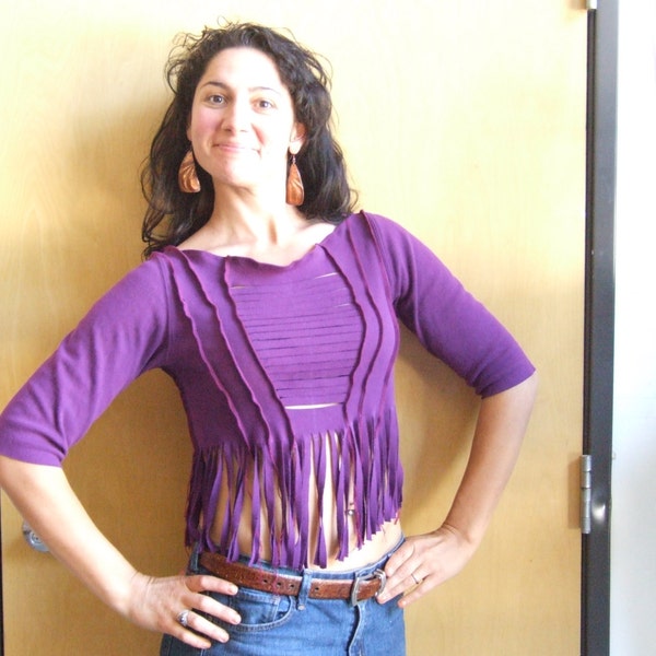 Purple Fringed Top -Cotton Dance Shirt - Practice shirt - Beach Cover-Up - Bathing Suit Cover - Belly Dance Top - Up-cycled clothing