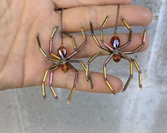 Auburn Orange Spider Earrings Beaded Spider Halloween Witch Goth Jewelry Creepy Crawly Auburn Orange Crystals with copper wire