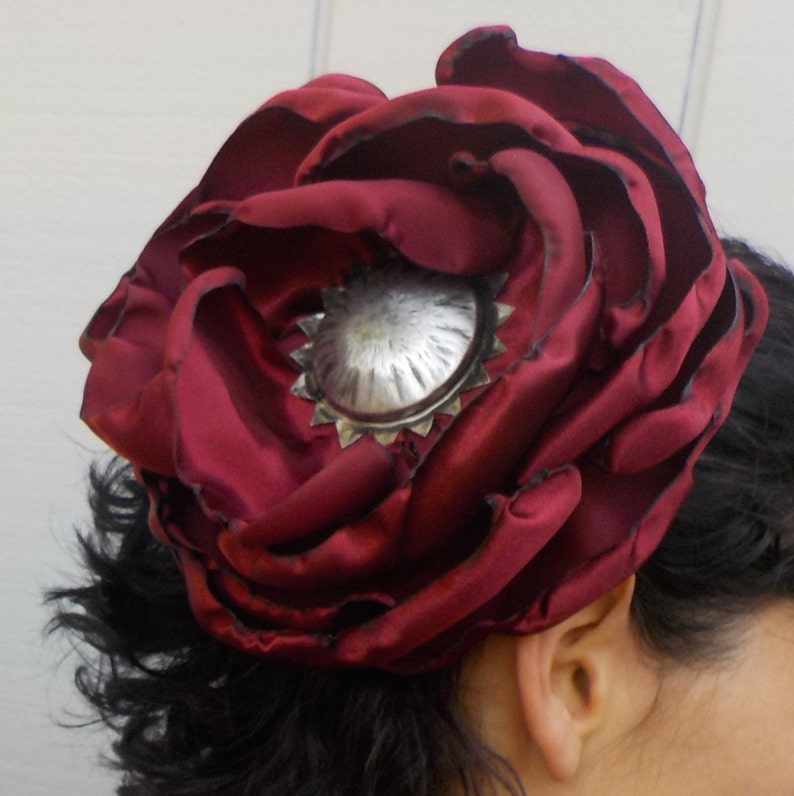 Tribal Red Flower GIANT Hair clip Burgundy TribaL Lady Belly dance hair accessory Flamenco Tango Dress-up, casual day of the dead image 5