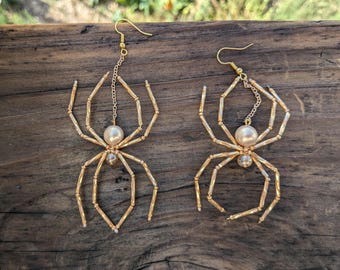Gold Beaded Spider Earrings: Upcycled Halloween Goth Jewelry